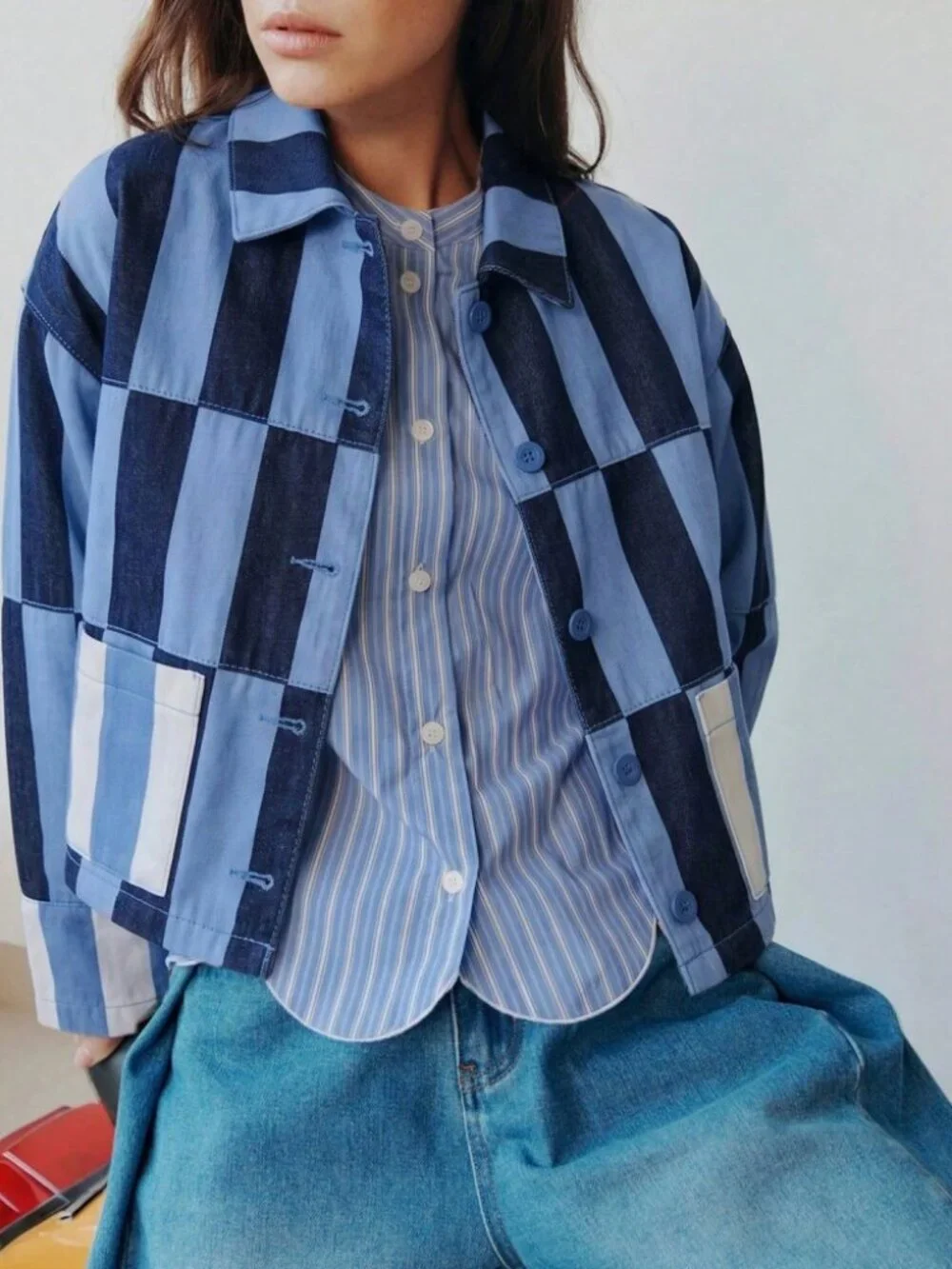 Blue & Navy Colorblock Striped Denim Jacket